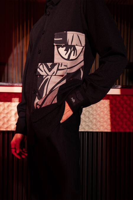 Pocketful Of Cherrie_Black Polyester Patchwork Midnight Elegance Printed Pocket Shirt_Online_at_Aza_Fashions