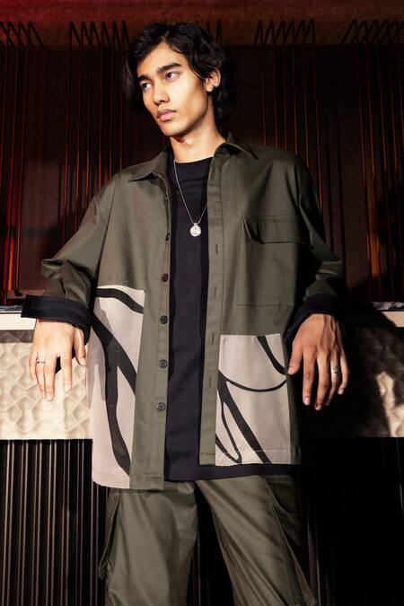 Pocketful Of Cherrie Green Cotton Embroidery Urban Explorer Cargo Jacket Online at Aza Fashions Pocketful Of Cherrie_Green Cotton Embroidery Urban Explorer Cargo Jacket_Online_at_Aza_Fashions