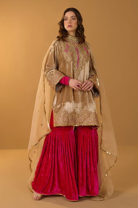 TULPALAV Kashmiri Tilla Embroidered Kurta Gharara Set 