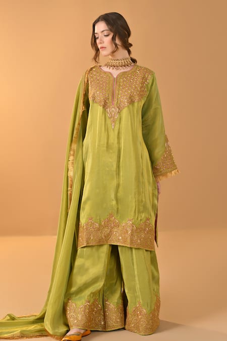 Tulpalav_Green Tissue Lace, Embroidery Kashmiri Tilla Short Pheran Kurta Palazzo Set_Online_at_Aza_Fashions