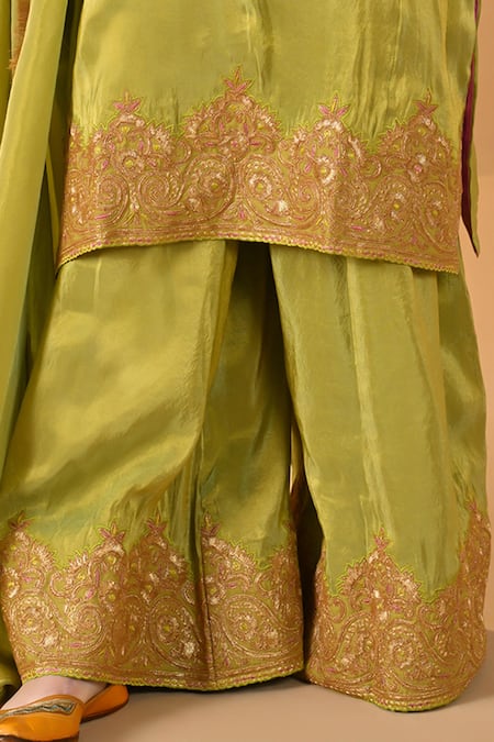 Buy_Tulpalav_Green Tissue Lace, Embroidery Kashmiri Tilla Short Pheran Kurta Palazzo Set_Online_at_Aza_Fashions