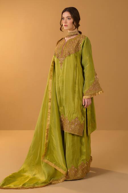 Shop_Tulpalav_Green Tissue Lace, Embroidery Kashmiri Tilla Short Pheran Kurta Palazzo Set_Online_at_Aza_Fashions