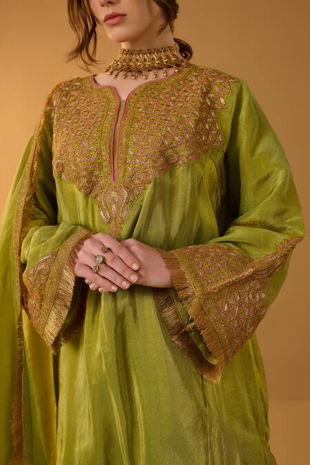 Tulpalav_Green Tissue Lace, Embroidery Kashmiri Tilla Short Pheran Kurta Palazzo Set_at_Aza_Fashions