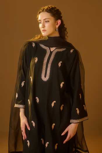 Shop_Tulpalav_Black Linen, Organza Embroidery Round Neck Paisley Hand Pheran Kurta Set_Online_at_Aza_Fashions