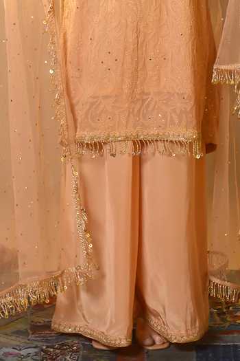 Tulpalav_Peach Net, Crepe Sequins Round Neck Chikankari Pheran Kurta Palazzo Set_Online_at_Aza_Fashions