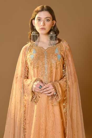 Buy_Tulpalav_Peach Net, Crepe Sequins Round Neck Chikankari Pheran Kurta Palazzo Set_Online_at_Aza_Fashions