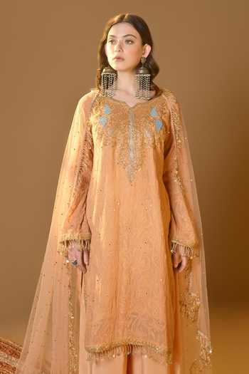 Shop_Tulpalav_Peach Net, Crepe Sequins Round Neck Chikankari Pheran Kurta Palazzo Set_Online_at_Aza_Fashions