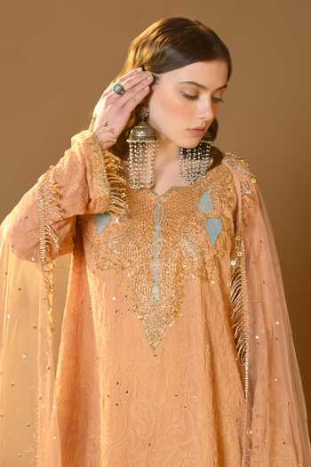 Tulpalav_Peach Net, Crepe Sequins Round Neck Chikankari Pheran Kurta Palazzo Set_at_Aza_Fashions