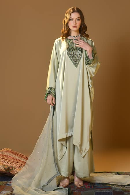 TULPALAV Green Kaftan Double Twill Satin Handwork Embroidered Asymmetric Palazzo Set