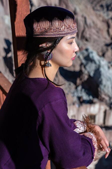 Shop_Tulpalav_Wine Pashmina, Wool Embroidery Round Neck Pheran Kurta Salwar Set_Online_at_Aza_Fashions