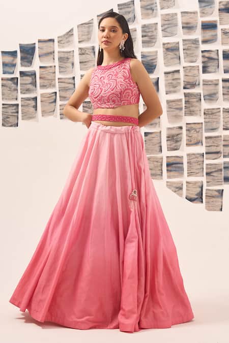 Detales Pink Chanderi Embellished Thread Round Blouse With Ombre Lehenga