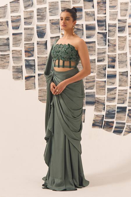 Shop_Detales_Green Blouse Banarasi Silk Shimmer Solid Pre-draped Saree With Corset_Online_at_Aza_Fashions