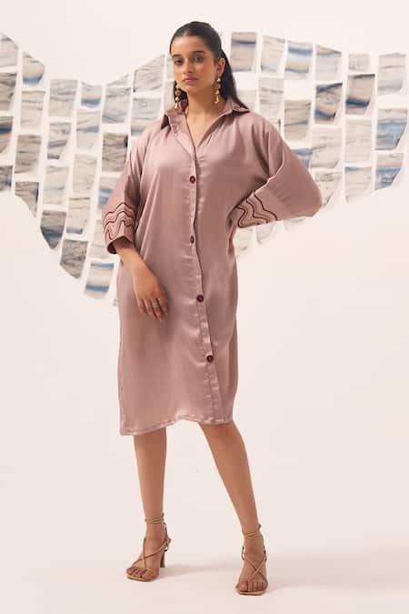 Detales Pink Wave Satin Embroidered Thread Shirt Collar Textured Pattern Dress