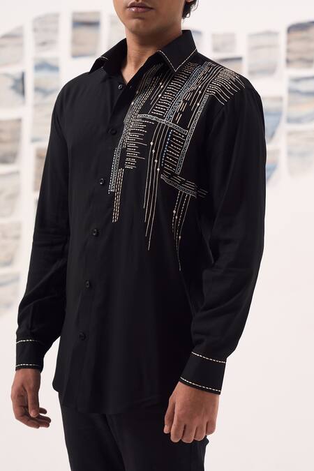 Detales_Black Cotton Rayon Embroidery Thread Astrix Shirt_Online_at_Aza_Fashions