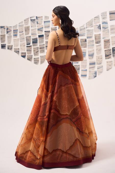 Shop Detales Orange Organza Print Ambrosia Sweetheart Neck Lehenga With Bustier at Aza Fashions Shop_Detales_Orange Organza Print Ambrosia Sweetheart Neck Lehenga With Bustier_at_Aza_Fashions
