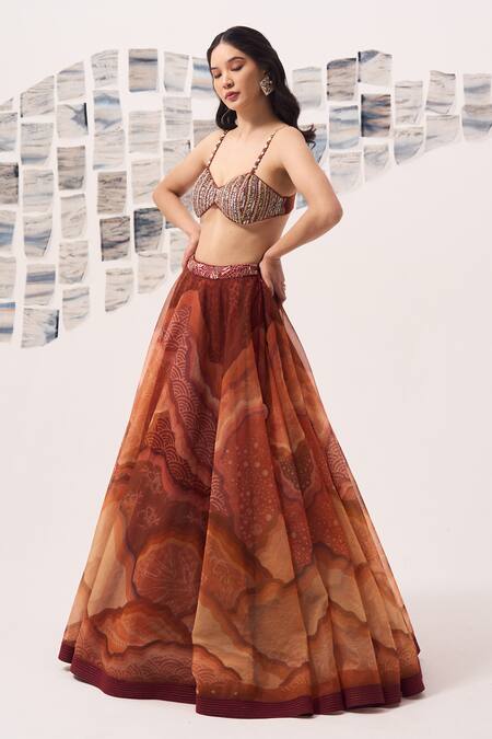 Detales Orange Organza Print Ambrosia Sweetheart Neck Lehenga With Bustier Online at Aza Fashions Detales_Orange Organza Print Ambrosia Sweetheart Neck Lehenga With Bustier_Online_at_Aza_Fashions