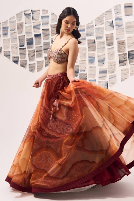 Buy Detales Orange Organza Print Ambrosia Sweetheart Neck Lehenga With Bustier Online at Aza Fashions Buy_Detales_Orange Organza Print Ambrosia Sweetheart Neck Lehenga With Bustier_Online_at_Aza_Fashions