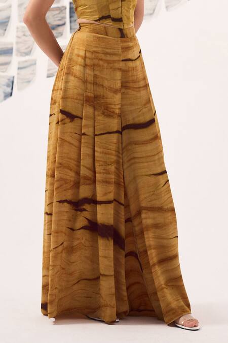 Detales_Yellow Soft Suede Print Marble Swerve Halter Neck Corset Top With Palazzo_Online_at_Aza_Fashions