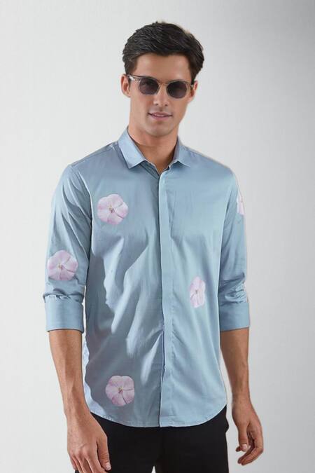 Hespoke_Blue Premium Cotton Blend Printed Floral Button Down Shirt _Online_at_Aza_Fashions