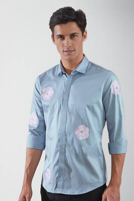 Buy_Hespoke_Blue Premium Cotton Blend Printed Floral Button Down Shirt _Online_at_Aza_Fashions