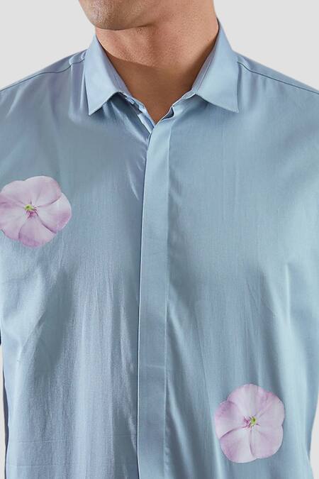 Shop_Hespoke_Blue Premium Cotton Blend Printed Floral Button Down Shirt _Online_at_Aza_Fashions