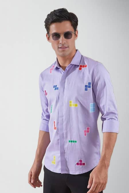 Hespoke Purple Cotton Tetrisplay Print Spread Collar Shirt Online at Aza Fashions Hespoke_Purple Cotton Tetrisplay Print Spread Collar Shirt _Online_at_Aza_Fashions