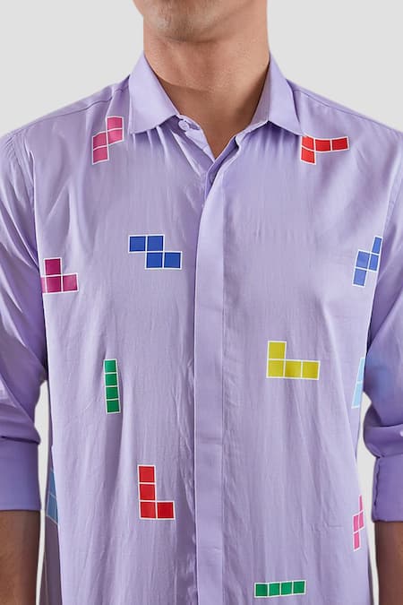 Shop Hespoke Purple Cotton Tetrisplay Print Spread Collar Shirt Online at Aza Fashions Shop_Hespoke_Purple Cotton Tetrisplay Print Spread Collar Shirt _Online_at_Aza_Fashions