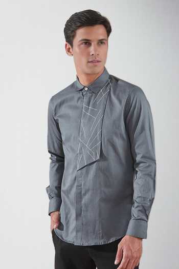 Hespoke_Grey Cotton Embroidery Textured Plane Panel Shirt_Online_at_Aza_Fashions
