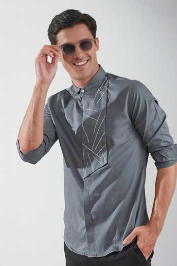 Buy_Hespoke_Grey Cotton Embroidery Textured Plane Panel Shirt_Online_at_Aza_Fashions