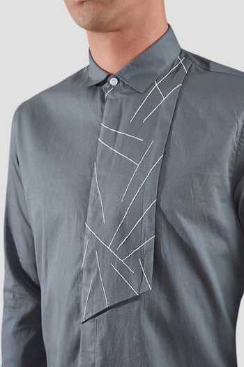 Shop_Hespoke_Grey Cotton Embroidery Textured Plane Panel Shirt_Online_at_Aza_Fashions