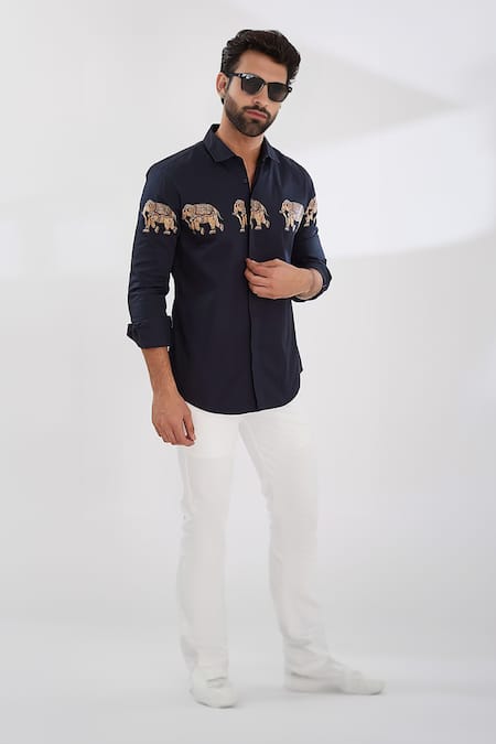 HeSpoke Blue 100% Pure Cotton Printed Elephant Tuskers Button Down Shirt  