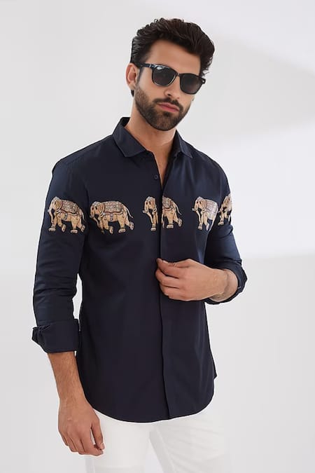 Hespoke_Blue 100% Pure Cotton Printed Elephant Chariot Tuskers Button Down Shirt_Online_at_Aza_Fashions