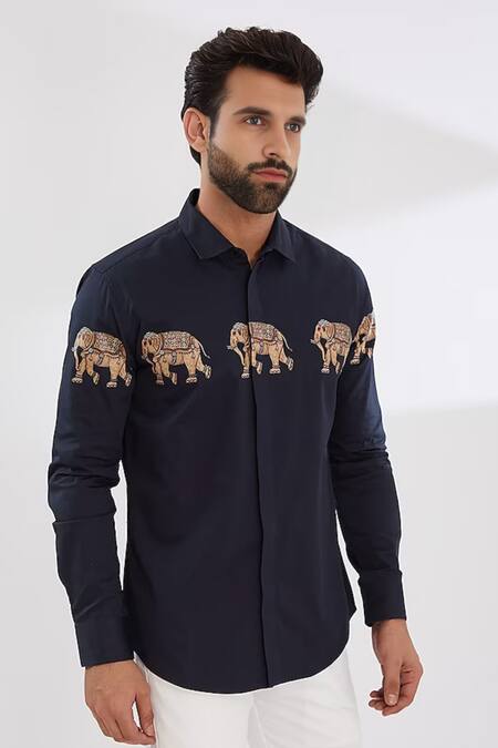 Buy_Hespoke_Blue 100% Pure Cotton Printed Elephant Chariot Tuskers Button Down Shirt_Online_at_Aza_Fashions