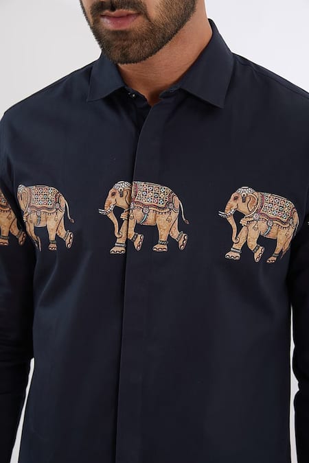 Shop_Hespoke_Blue 100% Pure Cotton Printed Elephant Chariot Tuskers Button Down Shirt_Online_at_Aza_Fashions
