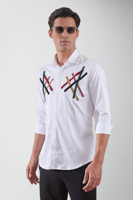 Hespoke_White Premium Cotton Blend Embellished Gemstone Shirt _Online_at_Aza_Fashions