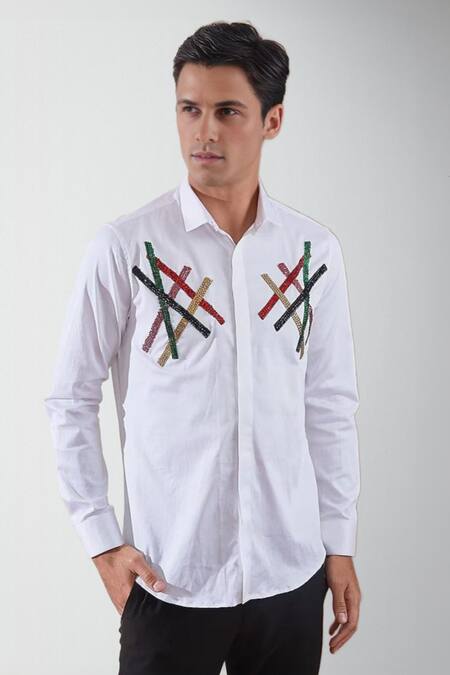 Buy_Hespoke_White Premium Cotton Blend Embellished Gemstone Shirt _Online_at_Aza_Fashions