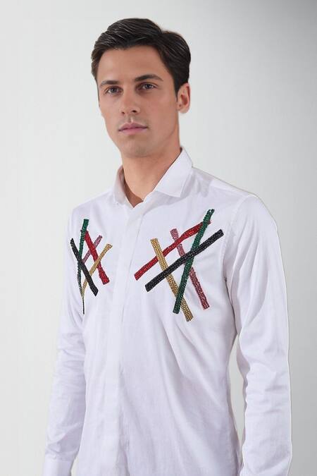 Shop_Hespoke_White Premium Cotton Blend Embellished Gemstone Shirt _Online_at_Aza_Fashions