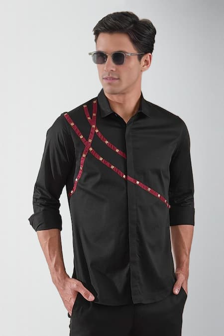 Hespoke_Black , Satin Embroidery Illuminate Stripe Embellished Shirt_Online_at_Aza_Fashions