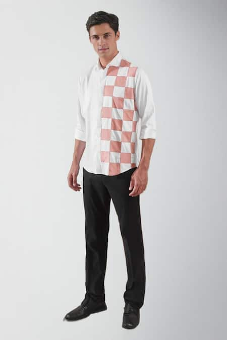 HeSpoke White Premium Cotton Blend Color Block Chequered Shirt  