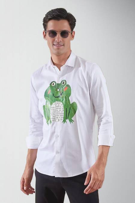 Hespoke_White Premium Cotton Blend Printed Frog Absorbent Shirt _Online_at_Aza_Fashions