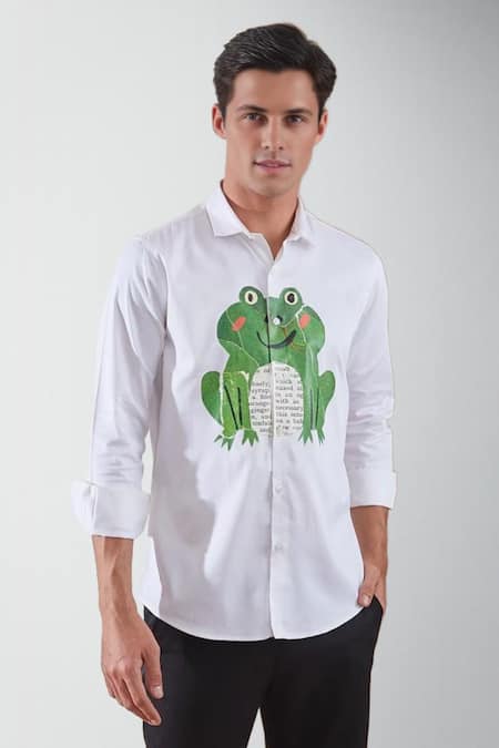 Buy_Hespoke_White Premium Cotton Blend Printed Frog Absorbent Shirt _Online_at_Aza_Fashions