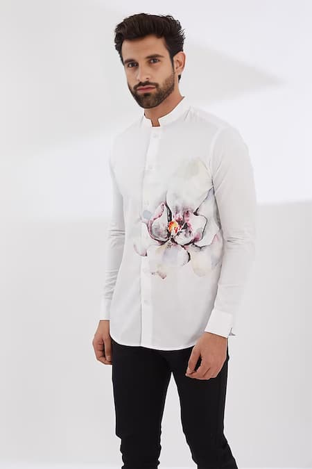 Hespoke_White 100% Pure Cotton Printed Floral Blossom Shirt _Online_at_Aza_Fashions