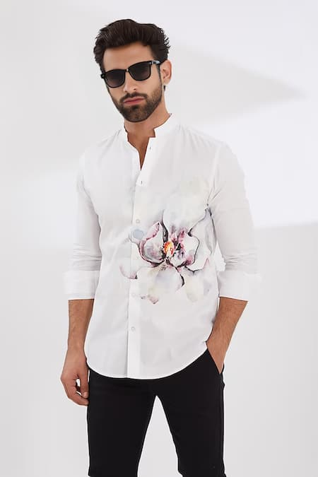 Buy_Hespoke_White 100% Pure Cotton Printed Floral Blossom Shirt _Online_at_Aza_Fashions