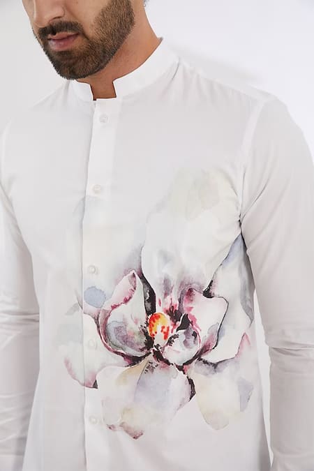 Shop_Hespoke_White 100% Pure Cotton Printed Floral Blossom Shirt _Online_at_Aza_Fashions