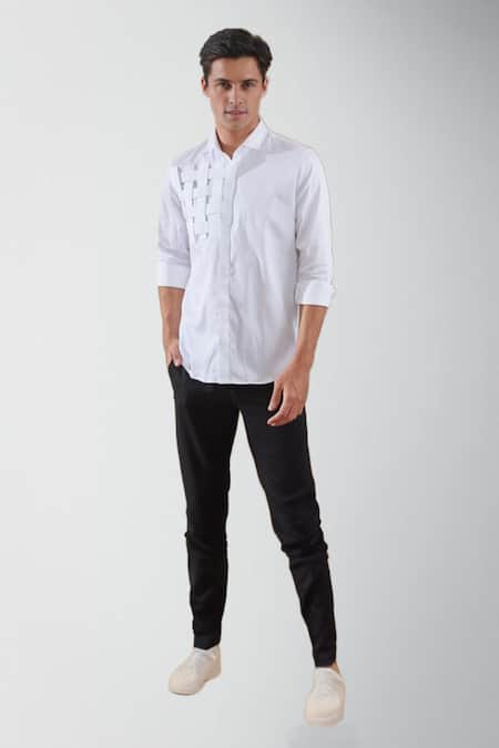 HeSpoke White Premium Cotton Blend Patchwork Warpandweft Shirt  