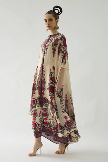 Rajdeep Ranawat Maroon Caprice Silk Printed Cape Online at Aza Fashions Rajdeep Ranawat_Maroon Caprice Silk Printed Cape _Online_at_Aza_Fashions