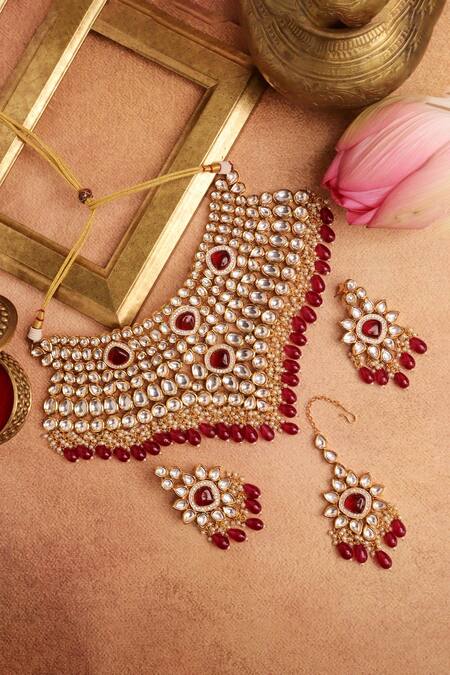 Shop Curio Cottage Gold Plated Beads, Ruffles, Stones Polki Studded Necklace Set at Aza Fashions Shop_Curio Cottage_Gold Plated Beads, Ruffles, Stones Polki Studded Necklace Set_at_Aza_Fashions