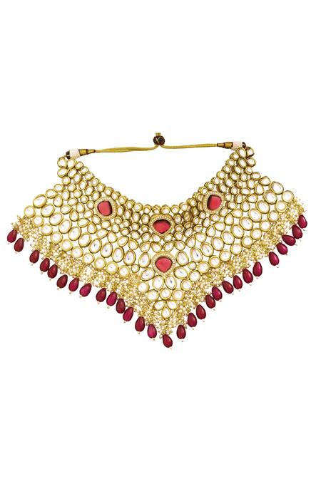 Buy Curio Cottage Gold Plated Beads, Ruffles, Stones Polki Studded Necklace Set Online at Aza Fashions Buy_Curio Cottage_Gold Plated Beads, Ruffles, Stones Polki Studded Necklace Set_Online_at_Aza_Fashions