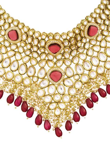 Shop Curio Cottage Gold Plated Beads, Ruffles, Stones Polki Studded Necklace Set Online at Aza Fashions Shop_Curio Cottage_Gold Plated Beads, Ruffles, Stones Polki Studded Necklace Set_Online_at_Aza_Fashions