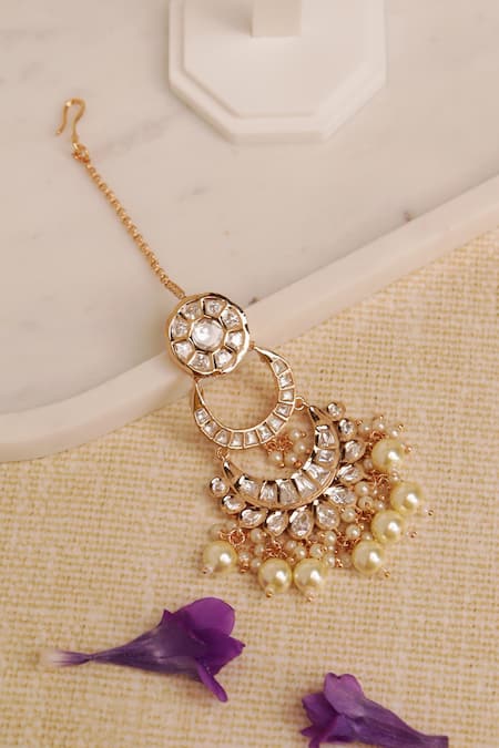 Curio Cottage Gold Plated Kundan Chaand Studded Maangtikka 